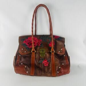 Patricia Nash Rose Flower Appliqué Satchel Shoulder Bag Cognac Brown Distressed